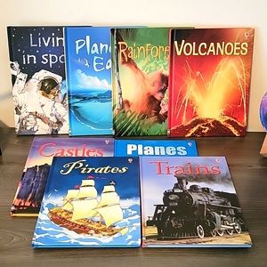 8 Usborne Books: Space, Earth, Rainforest, Volcano, Pirate, Castle, Plane, Train